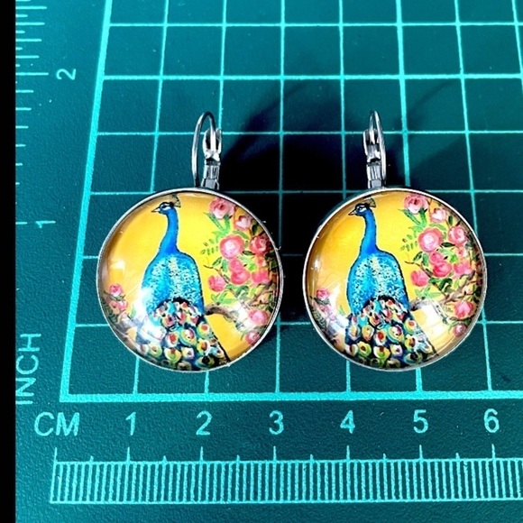 Vintage Style Peacock Print Stainless Steel French Clasp Earrings, 25mm, NWT - Picture 5 of 5